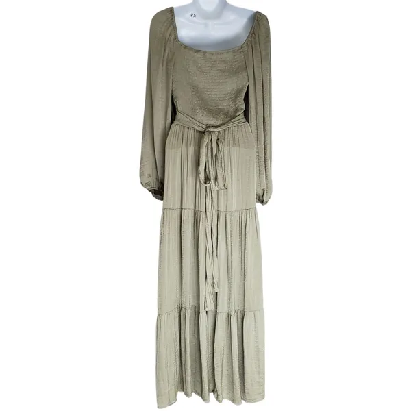 Anthropologie Mable Twist Cutout Tiered Maxi Dress Medium Green Puff Sleeve - Image 8
