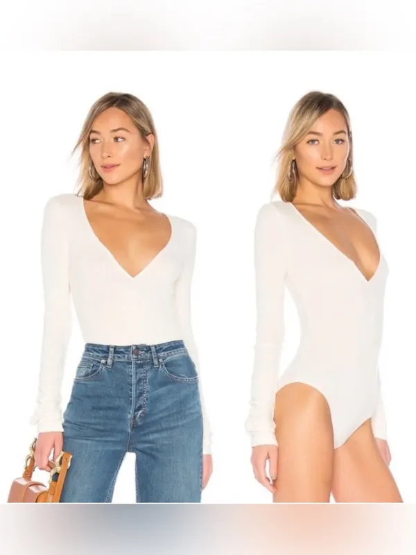 Free People Intimately Cozy Up With Me Ribbed V-Neck Bodysuit Sz L Balletcore - Image 3