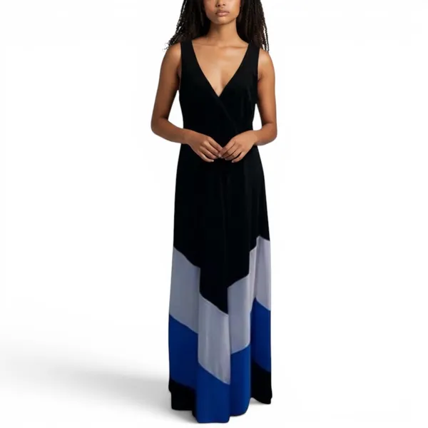 Studio One Colorblock Maxi Dress XL Black Blue White Sleeveless V Neck - Image 8