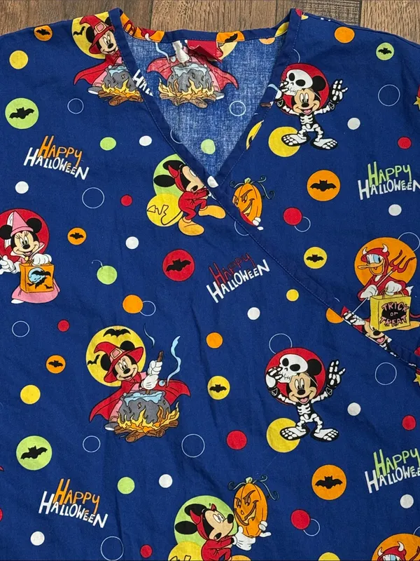 Disney Women’s Happy Halloween Blue Printed V-Neck Scrub Top - Image 3