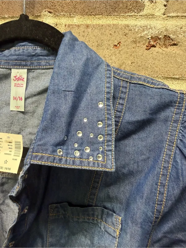 Justice Blue Denim Jean Dress Belted Studded Rhinestone Collar - Image 3