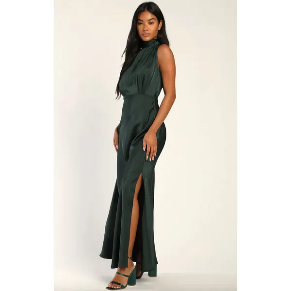 Lulus Classic Elegance Green Satin Sleeveless Mock Neck Maxi Dress Medium NWT - Image 4