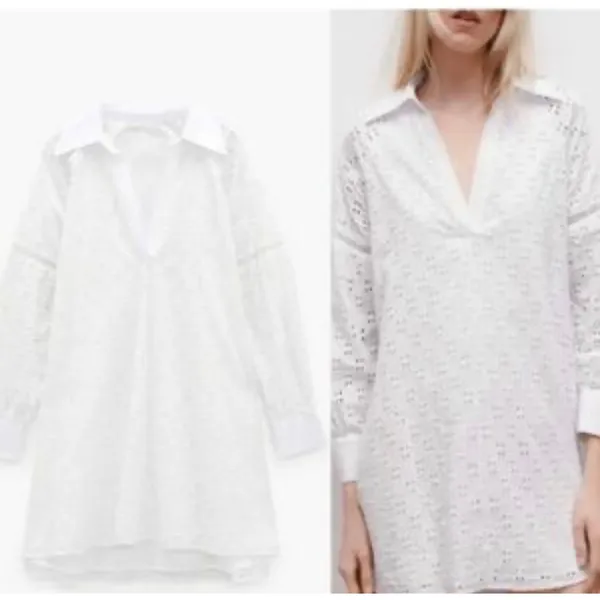 Zara Eyelet Mini Dress Womens Large White Boho Coastal Cotton‎ Tunic Embroidered - Image 2