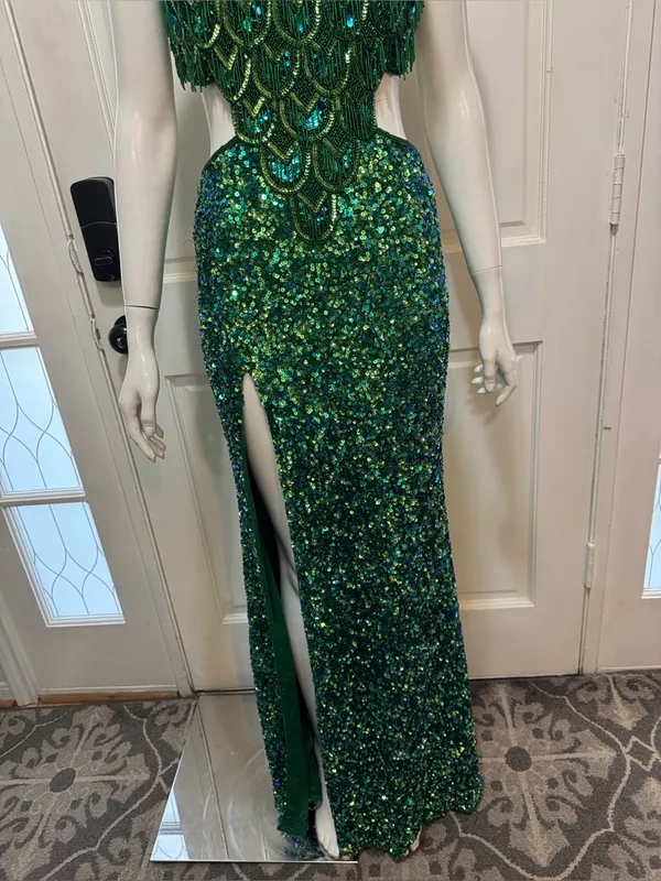 Rachel Allan Stunning Emerald Green Sequin Fringe Cutout formal Gown Size 6 - Image 14