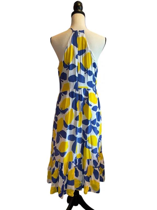 LOFT 10 Lemon Midi Dress Yellow Blue back zipper keyhole ruffles linen blend - Image 3