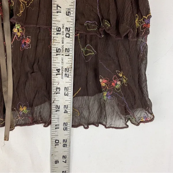 Flamingo size medium tiered vintage Brown Embroidered Top floral boho cottage - Image 6
