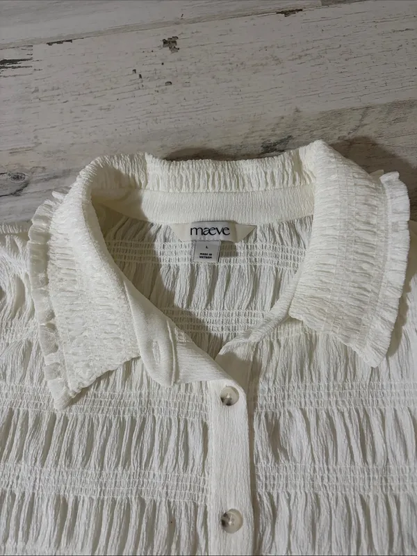 Anthropologie Maeve Cream Smocked Ruffle-Cuff Collared Top Size Large - Image 7
