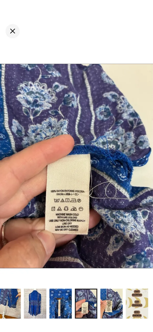 Free People Changing Times Tunic in Blue/Purple Paisley EUC Small. Oversize fit. No stretch. 100% rayon. Elastic and ruffle cuff. Deep v front. Split at hips. 19” bust 26-28” long - Image 9