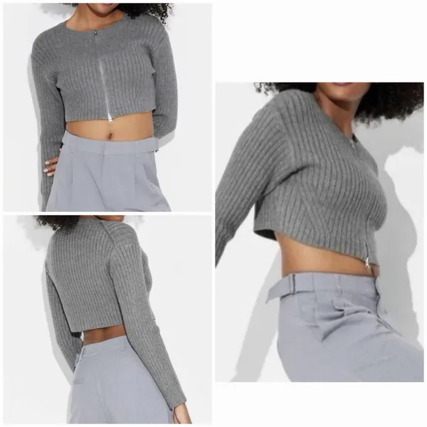 Wild Fable Rib Knit Zip Front Crop Sweater Gray Long Sleeve Women’s L NWT - Image 2