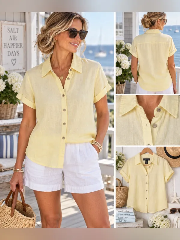 Tahari 100% Linen Button Down Shirt Butter Yellow Size Medium - Image 2