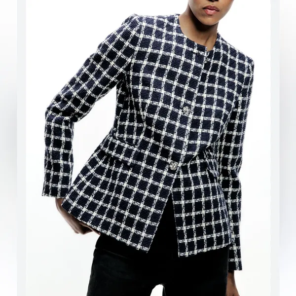 ZARA Tweed Preppy Knot Button Blazer Jacket‎ Size Large - Image 2