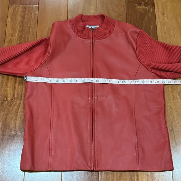 Pendleton Mixed Media‎ Jacket Womens Red Leather Front Merino Wool Zip Large - Image 8