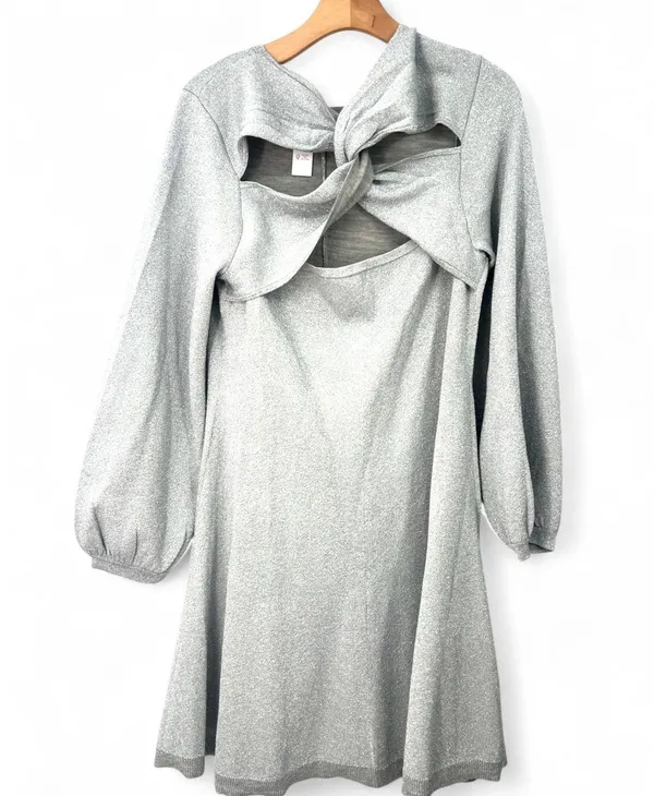 New J Crew L Knit Dress Sweater Metallic Silver Long Sleeve Mini Balloon Sleeve - Image 4