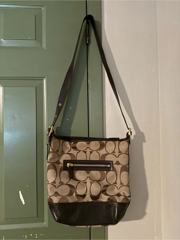Coach Brown Signature Canvas Shoulder Bag with Dark Brown Leather Trim - Image 2