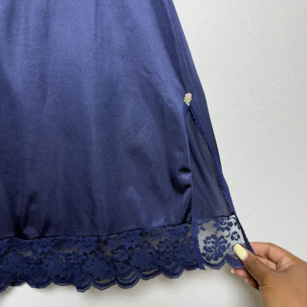 VTG 80s JCPenney Women Fairy Coquette Midi Skirt M Navy Blue Lace Side Slit Rose - Image 4
