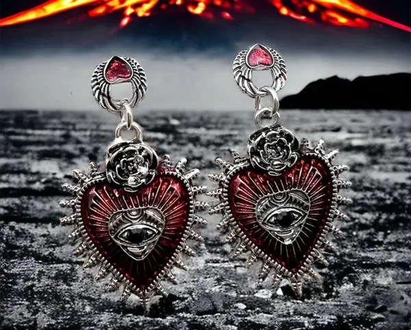 Gothic Punk Love Blood Silver/Red Color Eye Rose Dangle Alloy Drop Earrings - Image 3