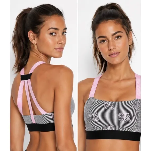 Victoria Sport Strappy Racerback Sports Bra Black White Striped Logo Pink Small - Image 2