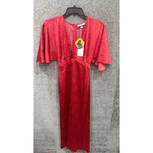Fe Noel Target Women Dress 0 Red Jacquard Palm Flutter Sleeve V-Neck Midi - Image 3