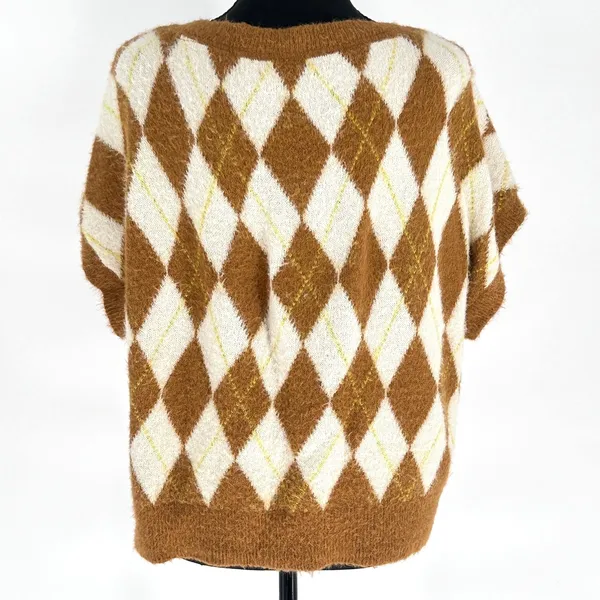 Free People Sweater Vest Women's Through the Motion Argyle Boxy Tan Cream Medium - Image 6