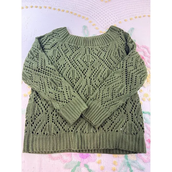 Shein Olive Green Pointelle Knit Off‎ Shoulder Sweater Boho Diamond Weave 3XL - Image 2