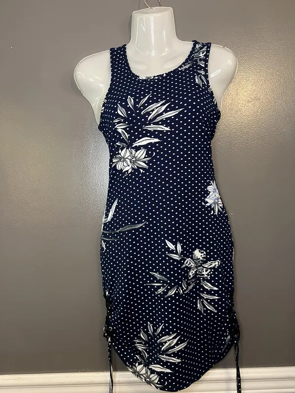 Love Dress Womens Medium Blue Polka Dot Floral Ruched Bodycon Tank Mini - Image 2