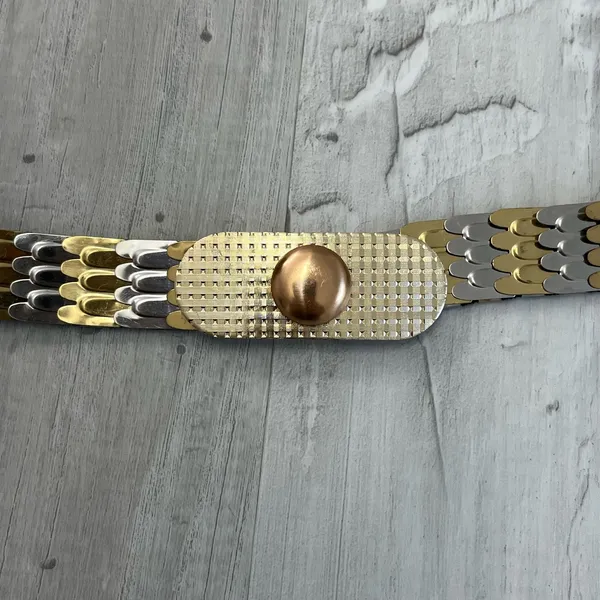 Vintage 80s Gold Silver Tone Metal Hong Kong Disco Fish Scale Belt 34" - Image 3