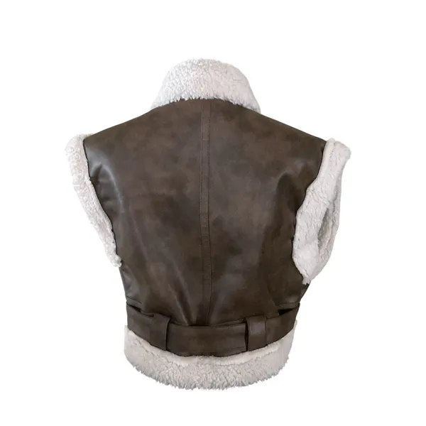 ANWND Brown Faux Shearling Moto Vest Belted Zip Sherpa Lined Women’s Size S NWT - Image 3