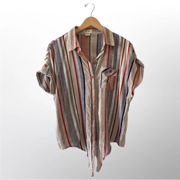 Love Notes Button Down Tie Up Shirt | Size L | Boho Cotton Rayon - Image 5