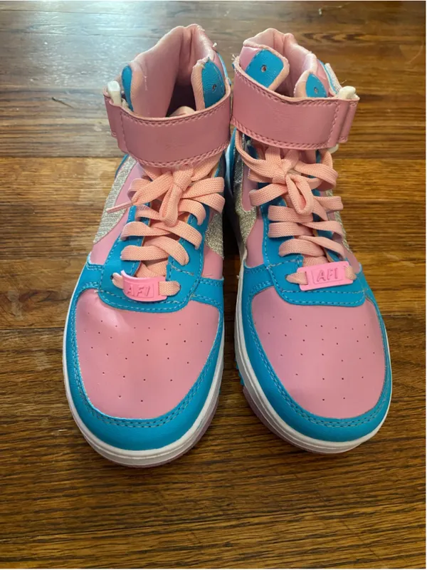 Custom Hand Painted Nike Air Force 1 High Barbie Pink Blue Glitter Sneakers OOAK - Image 4