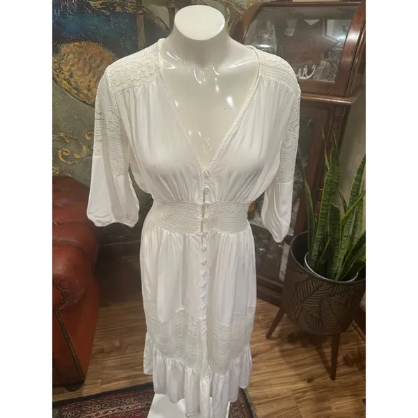 Boho White Lace Maxi Dress Button Front Large Size M - Image 4