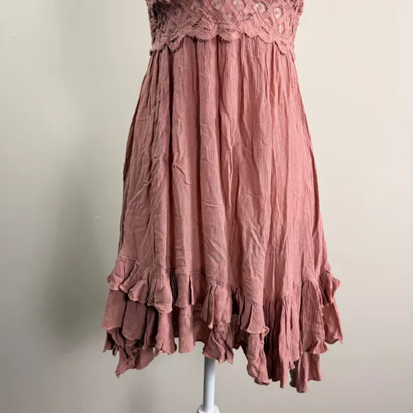 Free People FP One Adella Mini Dress Rose Pink Lace Boho Ruffle Smocked Medium - Image 5