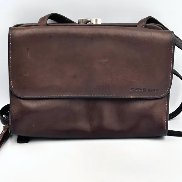 Vintage‎ Fossil Brown Leather Crossbody Organizer Wallet Bag Kiss Lock Y2K - Image 12
