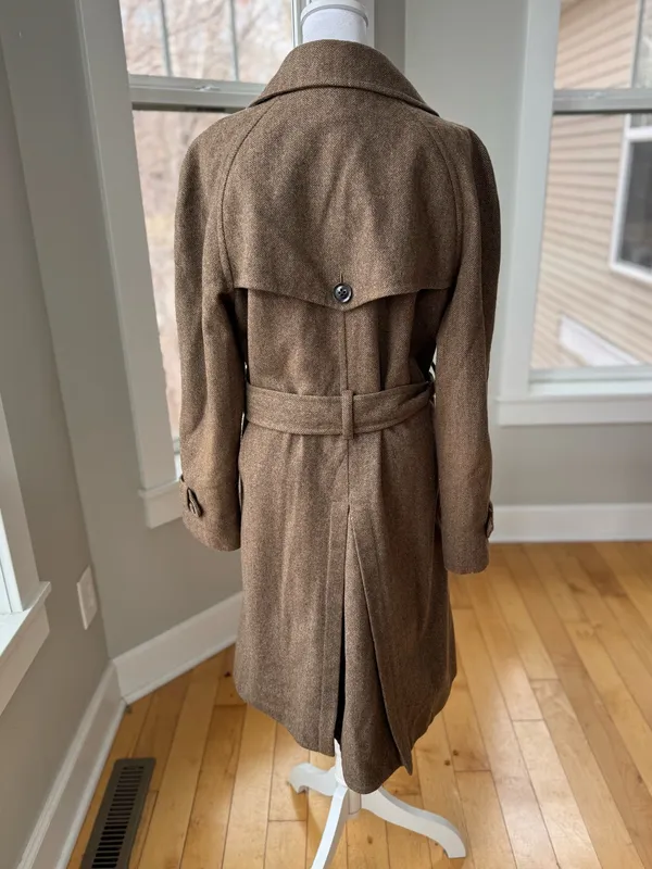 Vintage GAP Tan Wool Herringbone Belted Trench Coat Size Medium - Image 3