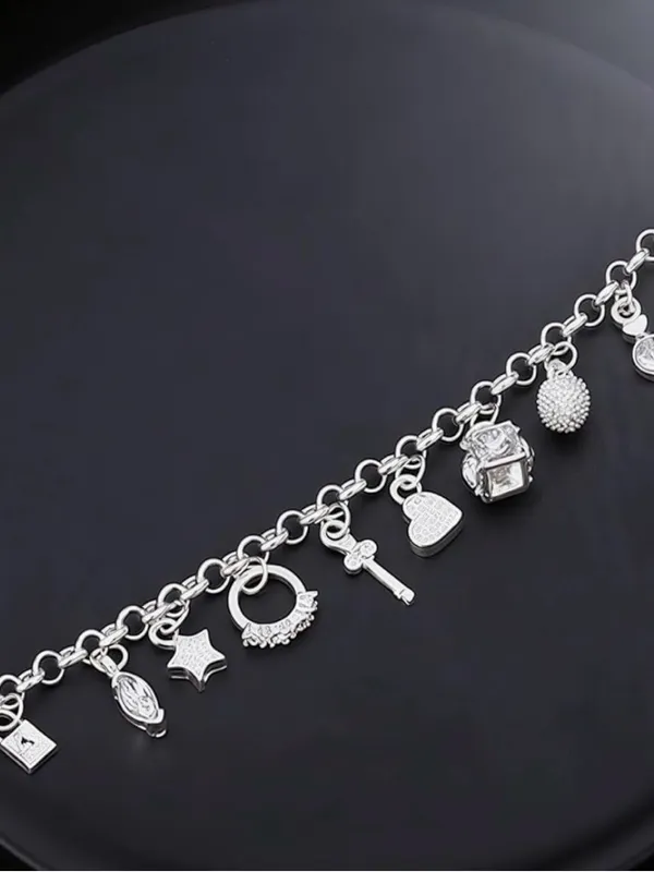 Sterling Silver Stamped 925 Charm Bracelet - Silver Heart & Cross Charms - Image 6