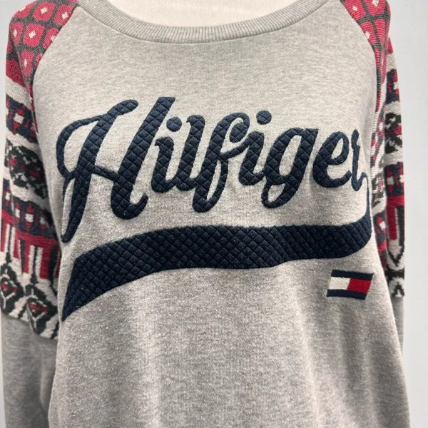 Tommy Hilfiger Gray Crewneck Sweatshirt Red Print Sleeves Navy Stitched Logo - Image 2