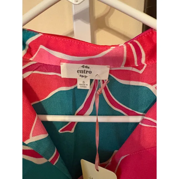 Entro Women Pink Teal Abstract Floral Satin Button Down Blouse Long Sleeve Small - Image 2
