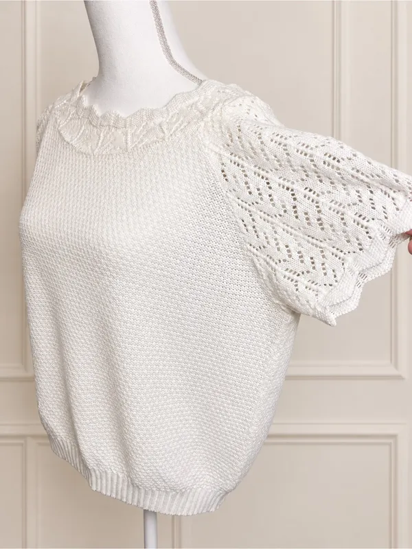 Vintage Ivory Pointelle Knit Flutter Sleeve Scalloped Sweater Top - Image 4