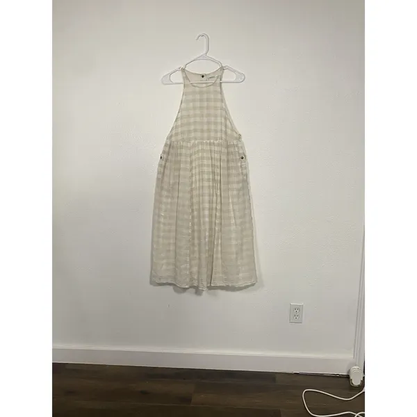KIMCHI BLUE Size S Gingham White Beige Plaid Linen Cotton Pinafore Dress Snaps - Image 5