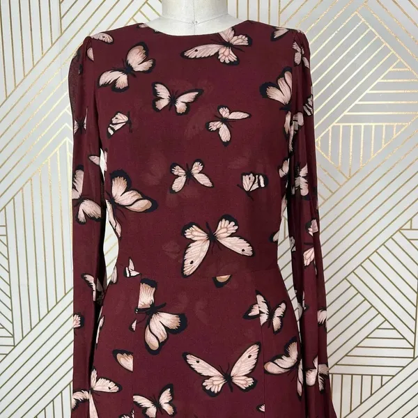 Reformation Butterfly Print Long Sleeve Mini Dress Maroon Red Size‎ 2 - Image 4