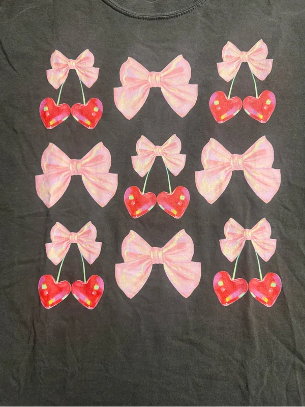 Comfort Colors Pepper Tee with Pink Bows and Red Cherry Graphics - Image 4