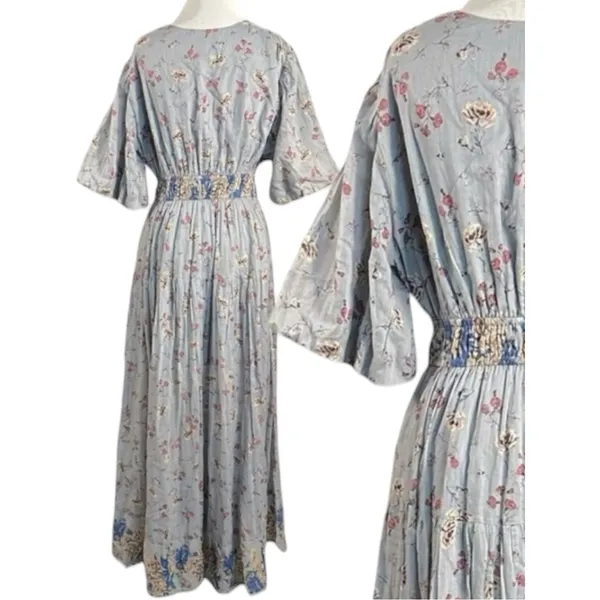 Free People Bohemian Billowy Cottage Lysette Maxi Dress Periwinkle Floral Medium - Image 7