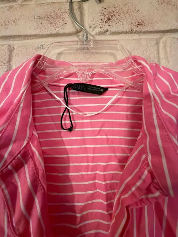 Zara Pink and White Striped Long Sleeve Button Down Shirt Size M - Image 2