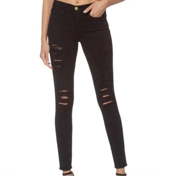 Frame Distressed Black Skinny Jeans Le Skinny de Jeanne Grunge Emo Size‎ 26 - Image 2