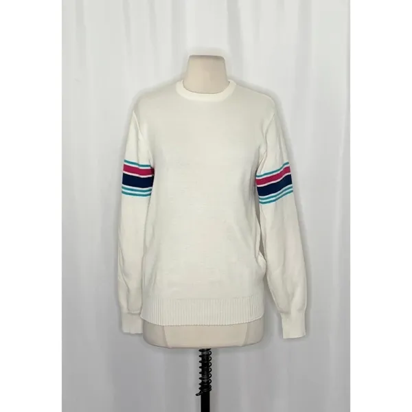 Vintage MEISTER White Stripe Sleeves Sweater Pullover Knit Sporty Outdoors Small - Image 2