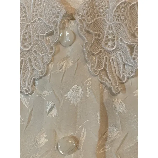 Vtg Ivory Long Sleeve M Blouse Crochet Collar Victorian Feminine Tulip Print EUC - Image 3