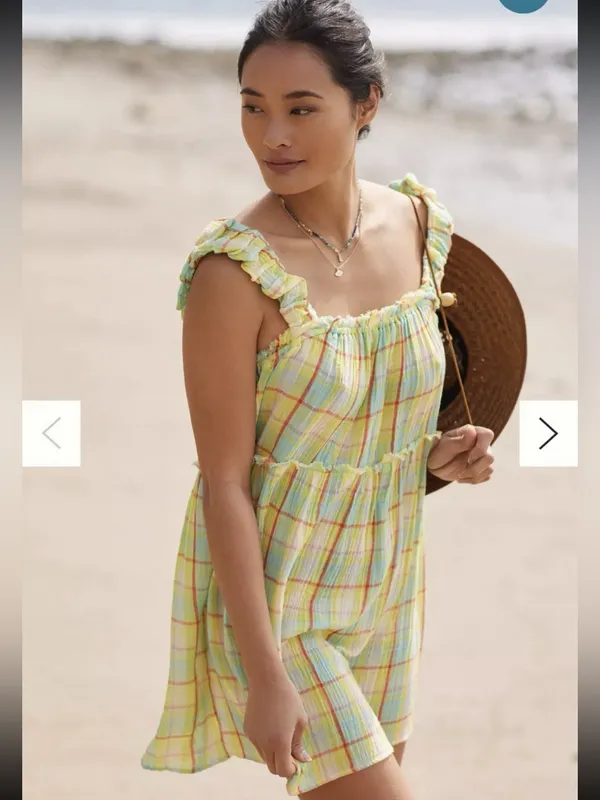 Anthropologie Plaid gauze Ruffle Mini Dress Boho Babydoll yellow size XL - Image 3
