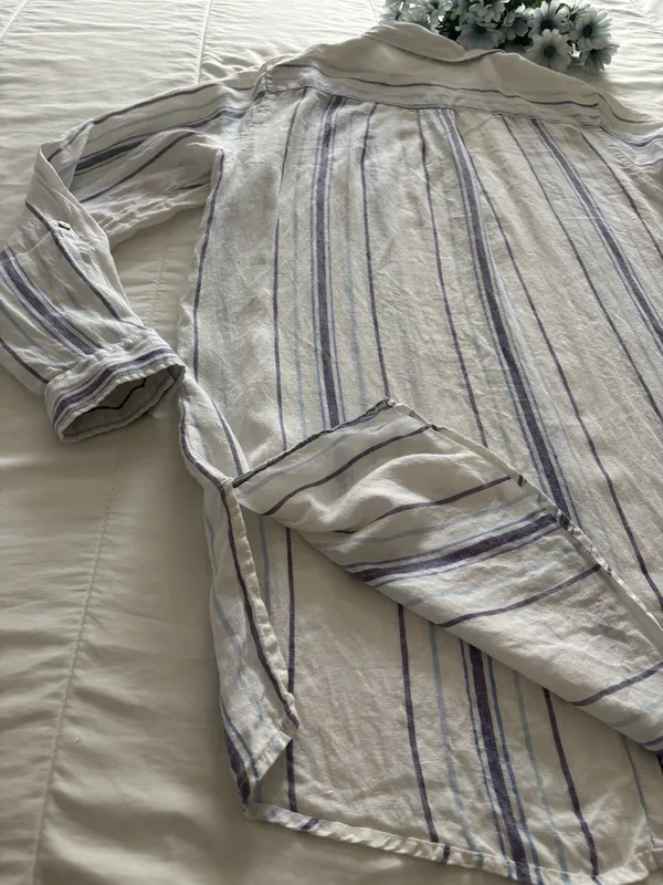 St Tropez West Womens L 100% Linen Striped Tunic Shirt Blue White Beach Vacation - Image 7