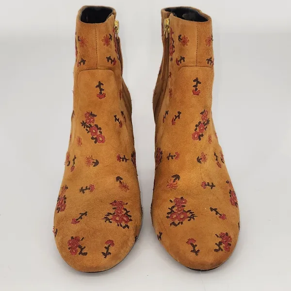 Bocage Cognac Suede Floral Embroidered Ankle Booties Block Heel EU 40 (US 9) - Image 3