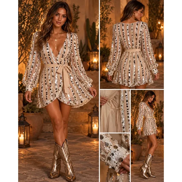 Champagne Sequin Striped Wrap Mini Dress Long Balloon Sleeve V-Neck Party - Image 3