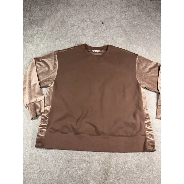 Athleta Womens L Retroplush Velvet Crewneck Sweatshirt Pullover Side Snaps Brown - Image 3